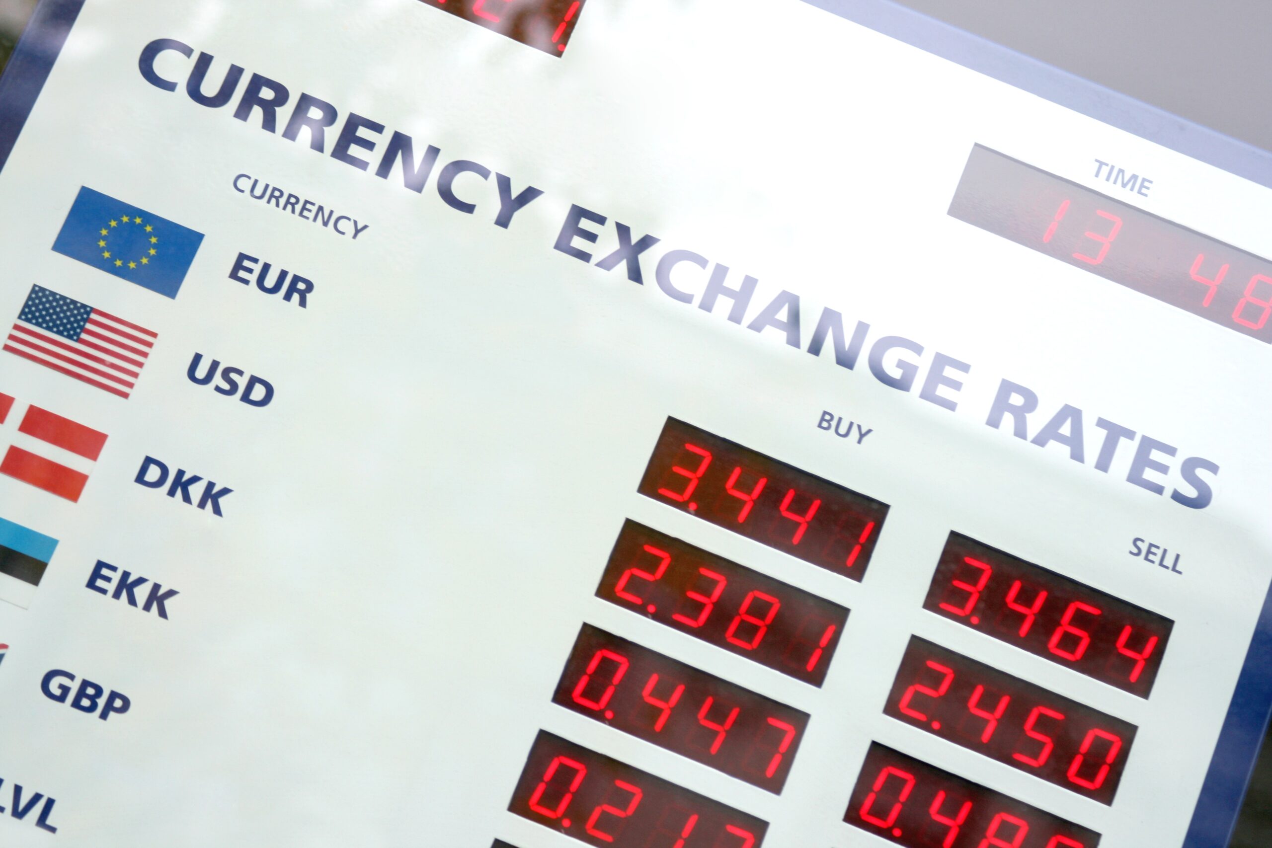 A fragment of the currency exchange rates board, window display,